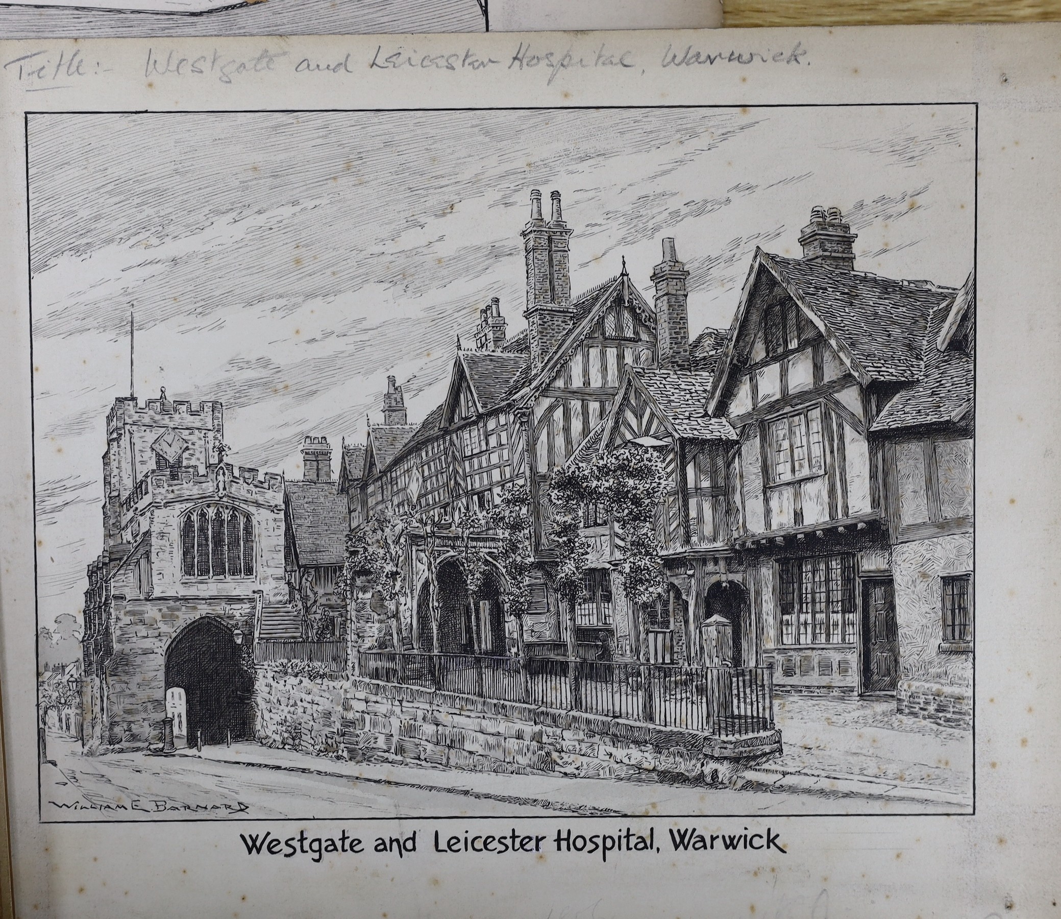 William E. Barnard, eight pen and ink drawings, Views of English towns - Clovelly, Evesham, Ipswich, Warwick, Chichester, Arundel, Canterbury and Dunster, signed, largest 19 x 26cm, unframed
